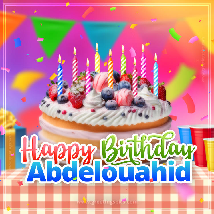 Happy Birthday Abdelouahid Colorful Image with fruit cake and candles (square shape image)