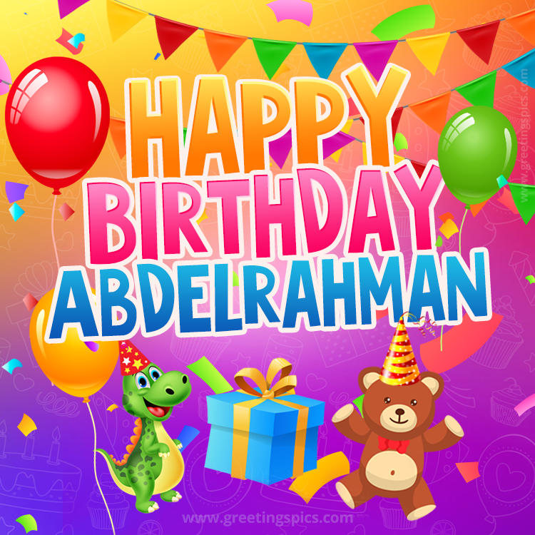 Happy Birthday Abdelrahman Image for a child with cute baby dinosaur and bear (square shape image)