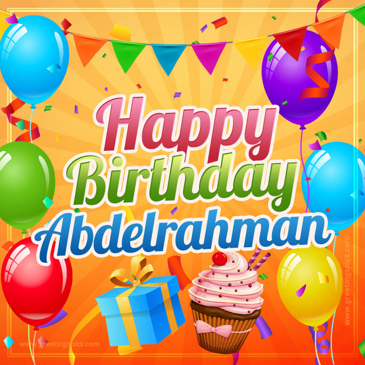 Happy Birthday Abdelrahman eCard with gift box and cupcake (square shape image)