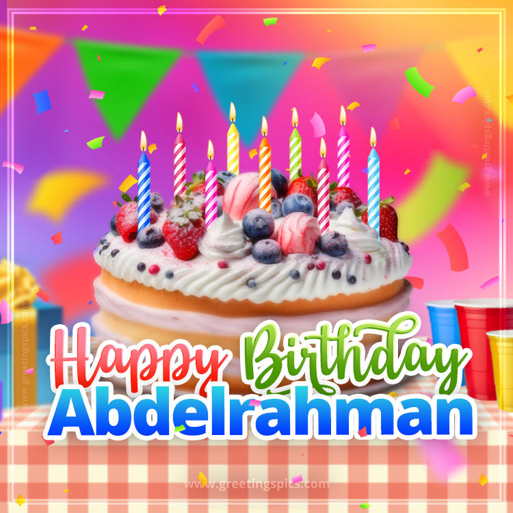 Happy Birthday Abdelrahman Colorful Image with fruit cake and candles (square shape image)