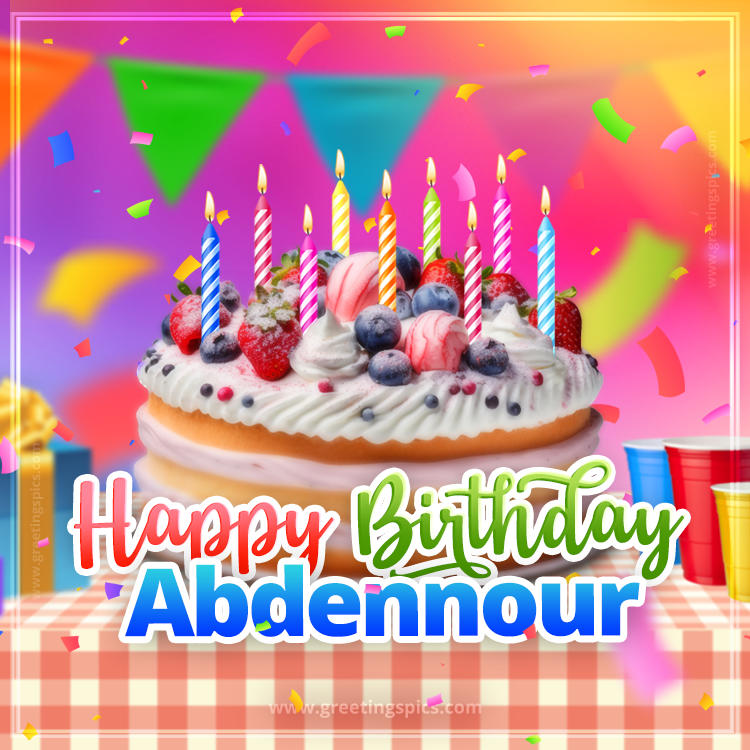 Happy Birthday Abdennour Colorful Image with fruit cake and candles (square shape image)