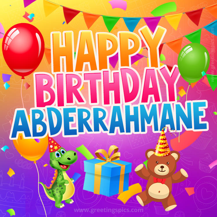 Happy Birthday Abderrahmane Image for a child with cute baby dinosaur and bear (square shape image)