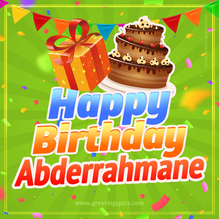 Happy Birthday Abderrahmane picture with flags, chocolate cake and gift box (square shape image)