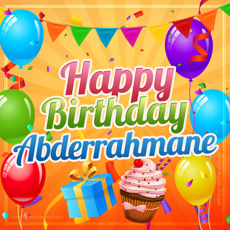 Happy Birthday Abderrahmane eCard with gift box and cupcake (square shape image)