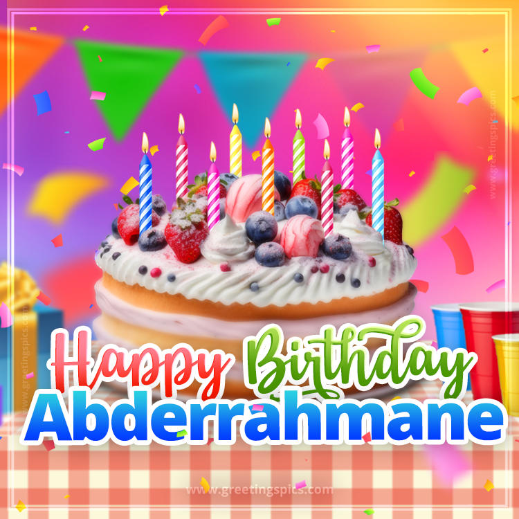 Happy Birthday Abderrahmane Colorful Image with fruit cake and candles (square shape image)