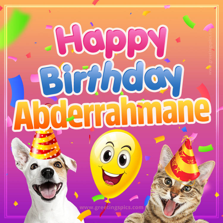 Happy Birthday Abderrahmane Funny Image with cat and dog (square shape image)