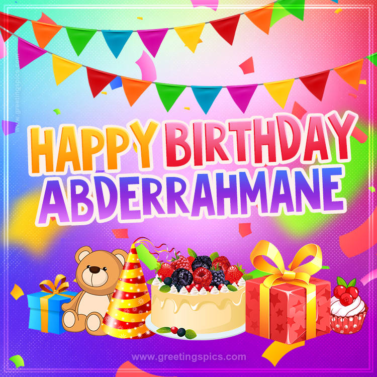 Bright card with Wishes for a Happy Birthday for Abderrahmane (square shape image)