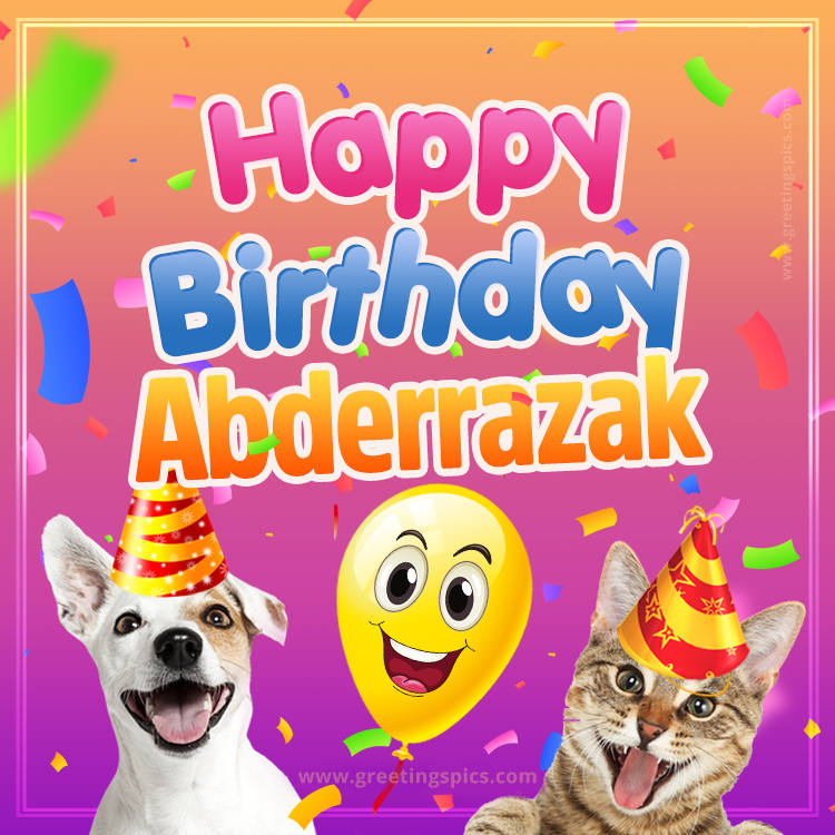 Happy Birthday Abderrazak Funny Image with cat and dog (square shape image)