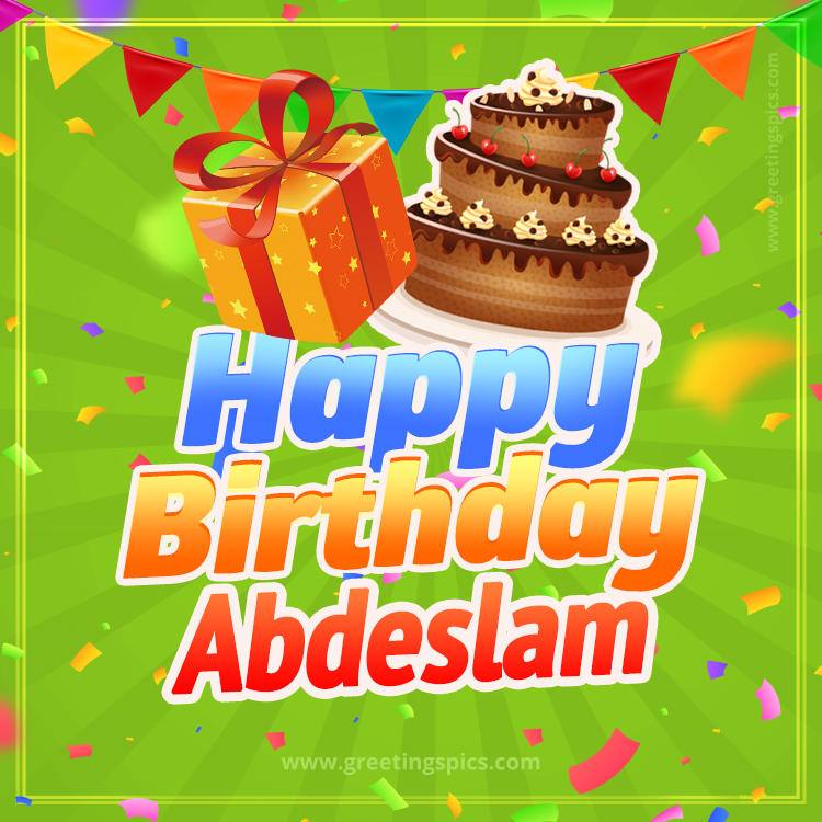 Happy Birthday Abdeslam picture with flags, chocolate cake and gift box (square shape image)