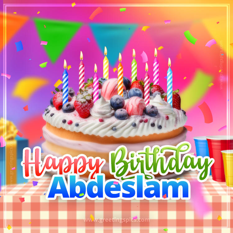 Happy Birthday Abdeslam Colorful Image with fruit cake and candles (square shape image)