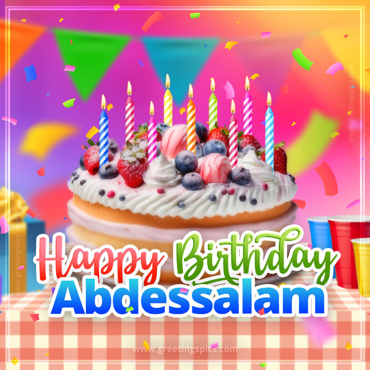 Happy Birthday Abdessalam Colorful Image with fruit cake and candles (square shape image)