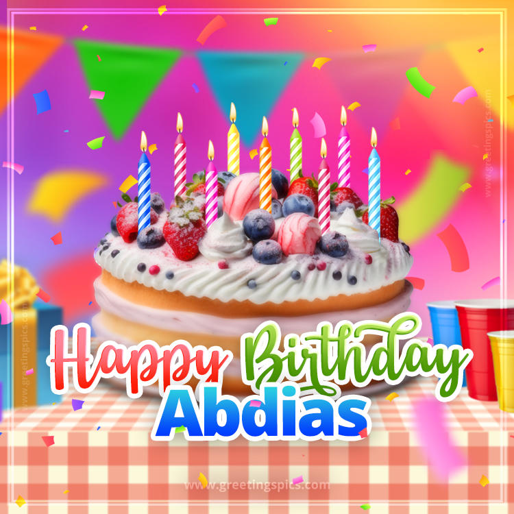 Happy Birthday Abdias Colorful Image with fruit cake and candles (square shape image)