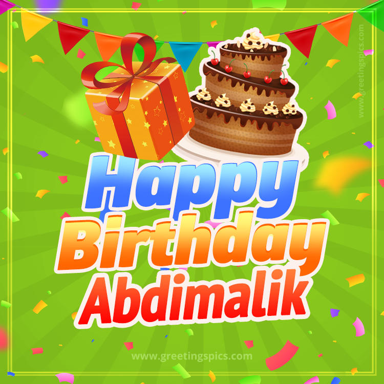 Happy Birthday Abdimalik picture with flags, chocolate cake and gift box (square shape image)