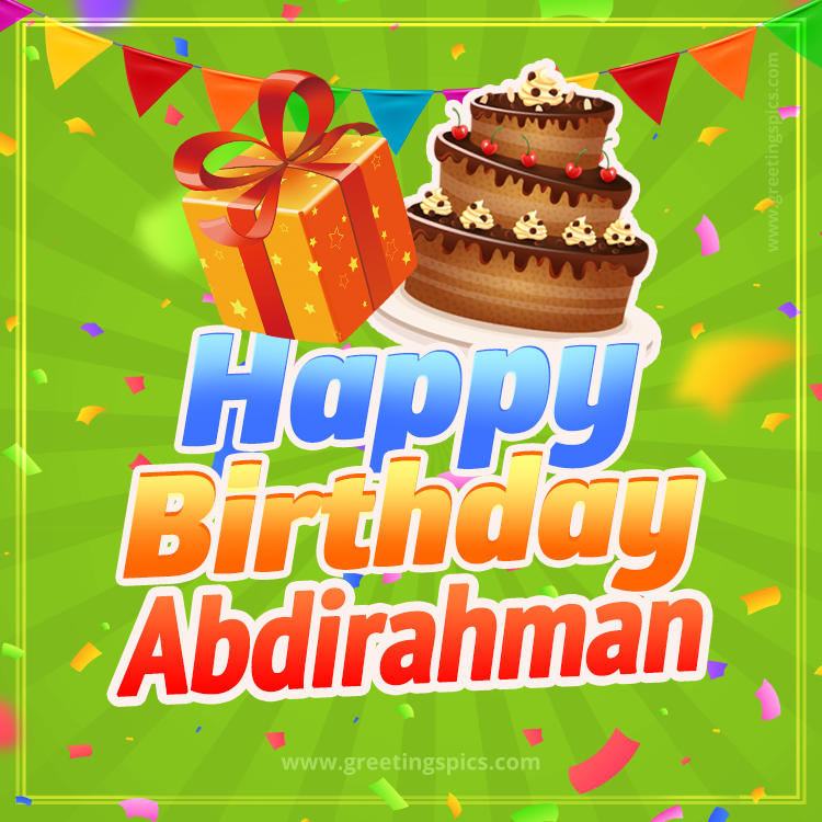 Happy Birthday Abdirahman picture with flags, chocolate cake and gift box (square shape image)