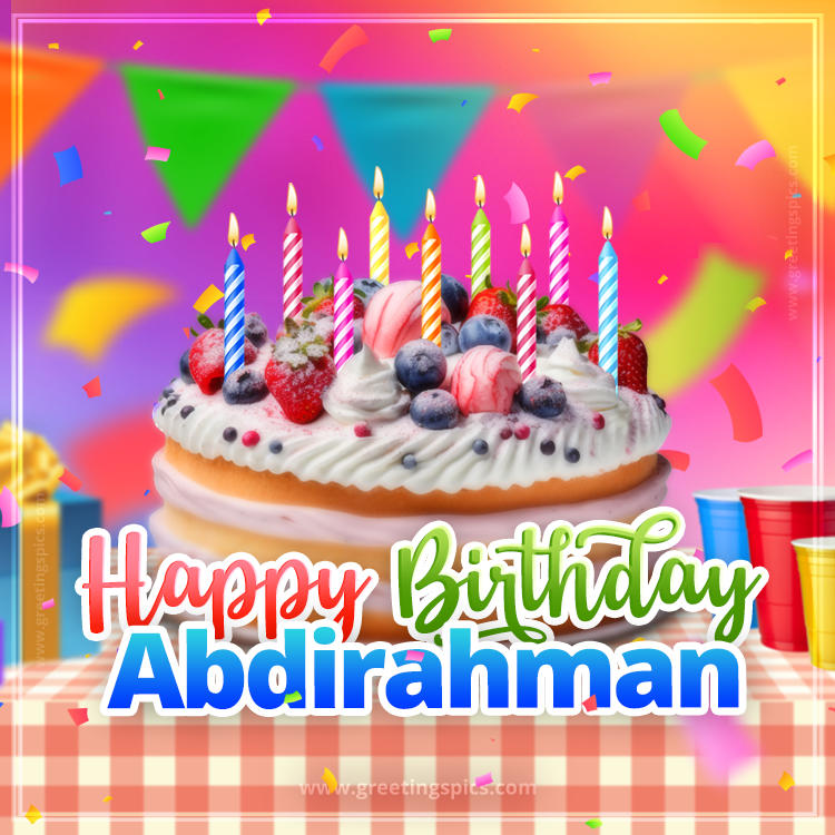 Happy Birthday Abdirahman Colorful Image with fruit cake and candles (square shape image)