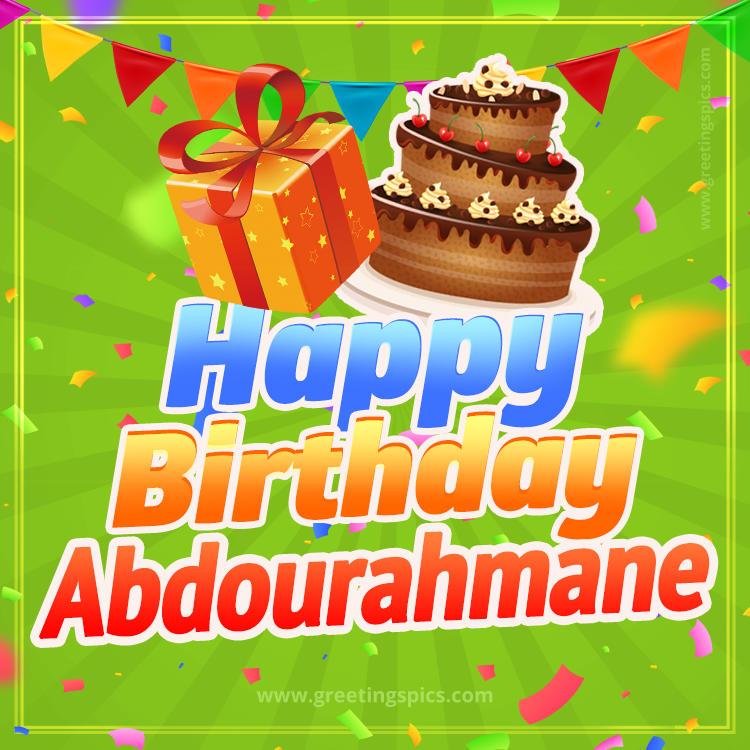 Happy Birthday Abdourahmane picture with flags, chocolate cake and gift box (square shape image)