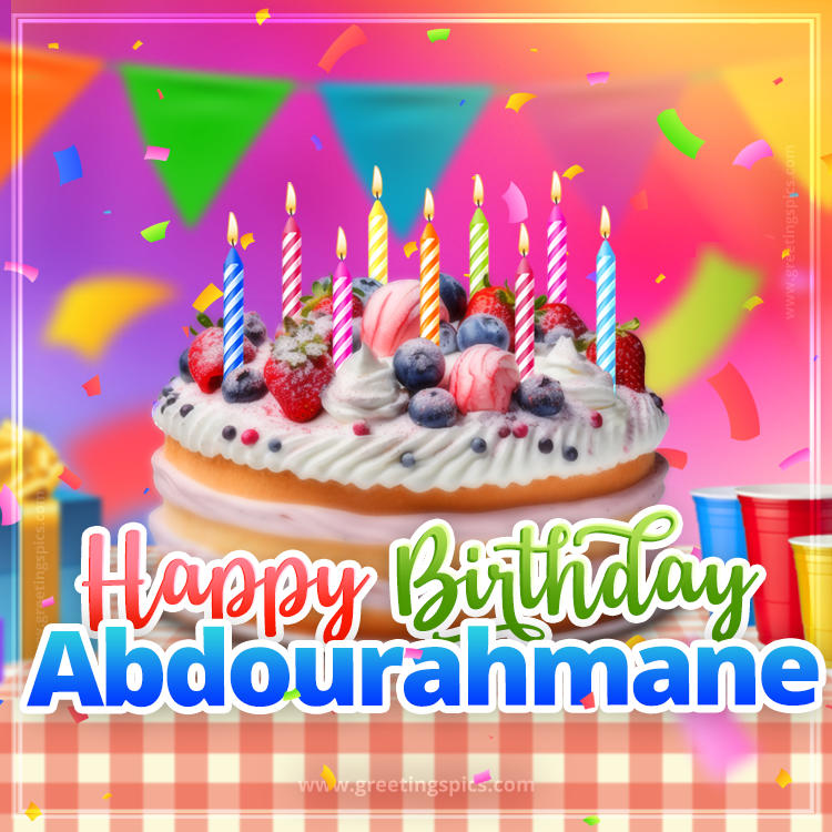 Happy Birthday Abdourahmane Colorful Image with fruit cake and candles (square shape image)