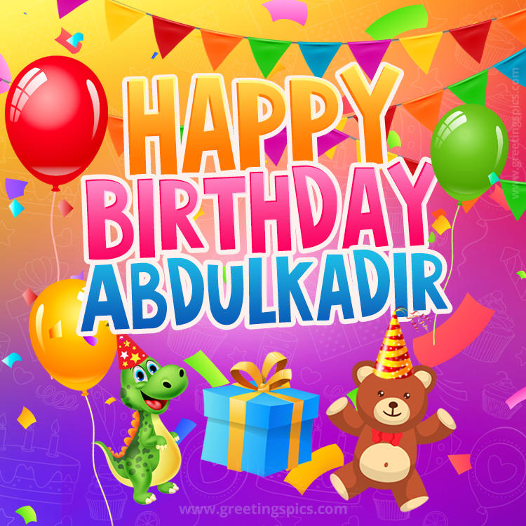 Happy Birthday Abdulkadir Image for a child with cute baby dinosaur and bear (square shape image)