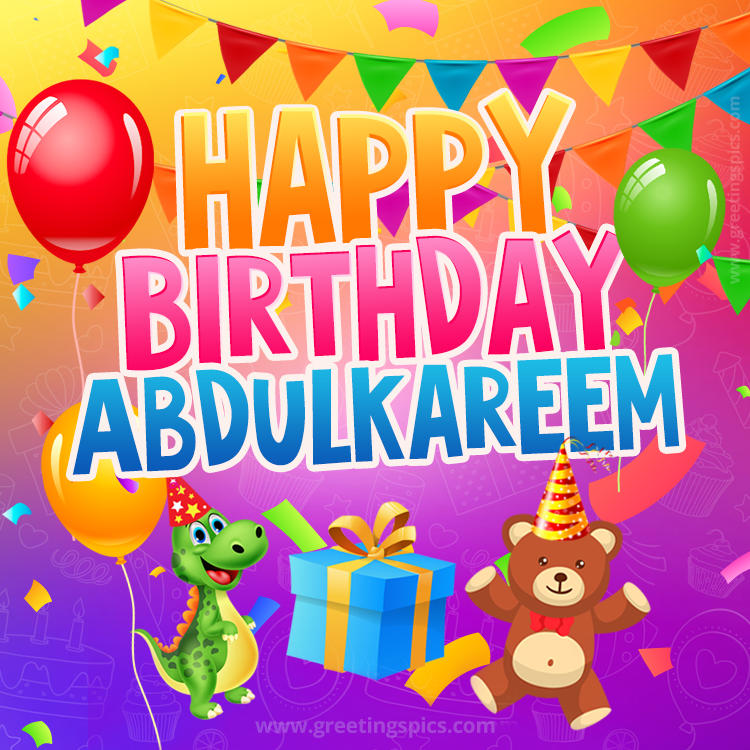 Happy Birthday Abdulkareem Image for a child with cute baby dinosaur and bear (square shape image)