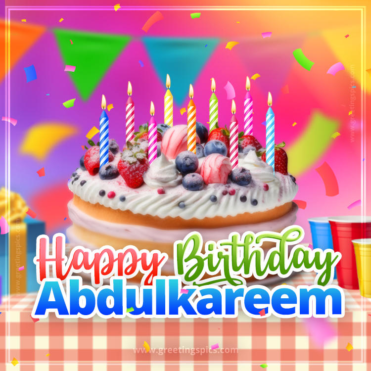 Happy Birthday Abdulkareem Colorful Image with fruit cake and candles (square shape image)