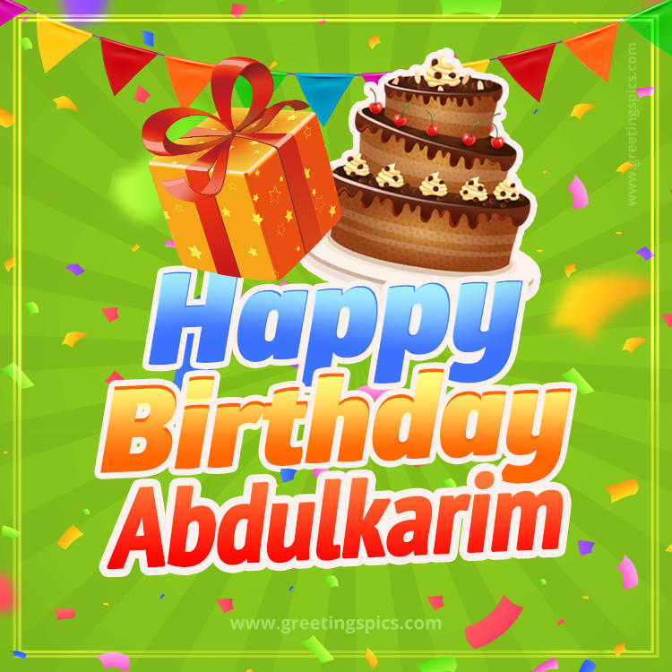 Happy Birthday Abdulkarim picture with flags, chocolate cake and gift box (square shape image)