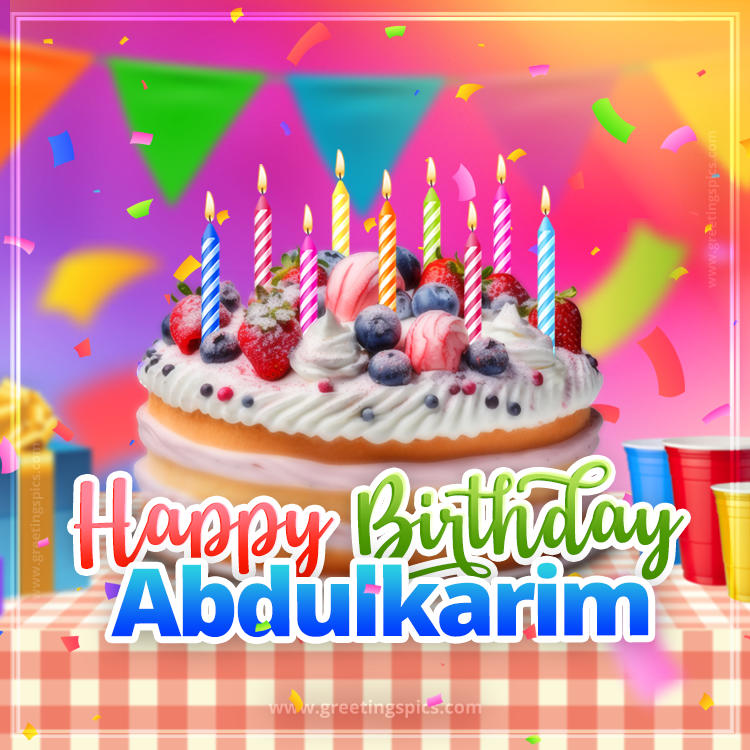 Happy Birthday Abdulkarim Colorful Image with fruit cake and candles (square shape image)