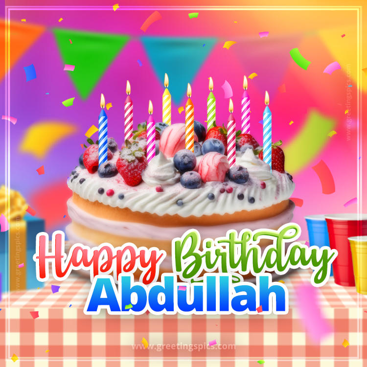 Happy Birthday Abdullah Colorful Image with fruit cake and candles (square shape image)