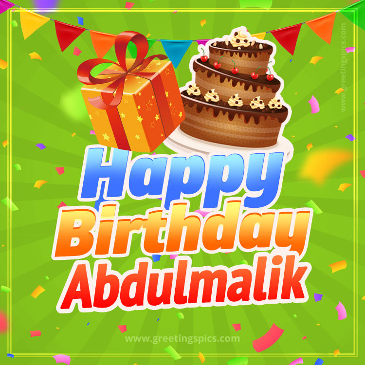 Happy Birthday Abdulmalik picture with flags, chocolate cake and gift box (square shape image)