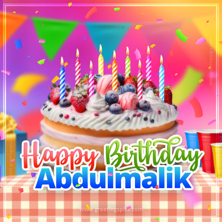 Happy Birthday Abdulmalik Colorful Image with fruit cake and candles (square shape image)