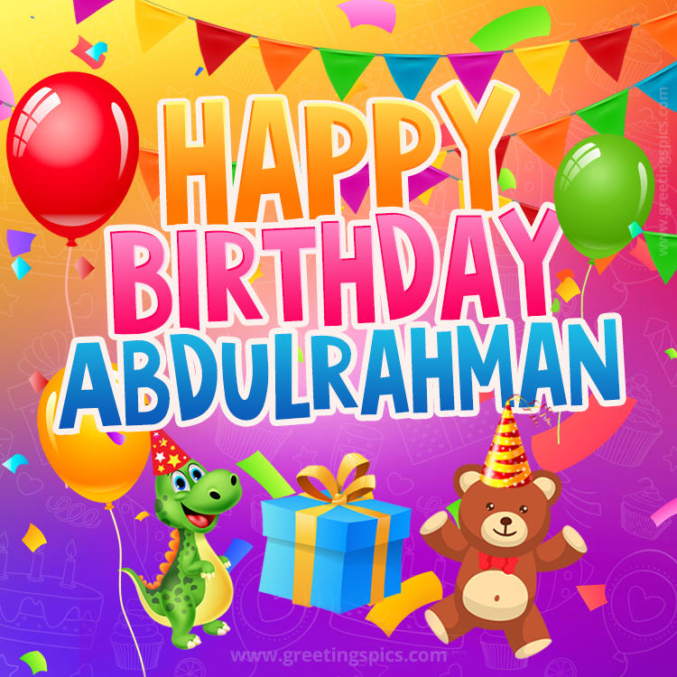 Happy Birthday Abdulrahman Image for a child with cute baby dinosaur and bear (square shape image)