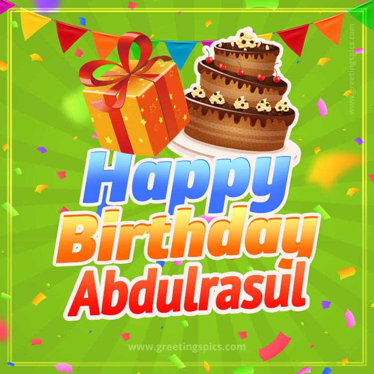 Happy Birthday Abdulrasul picture with flags, chocolate cake and gift box (square shape image)