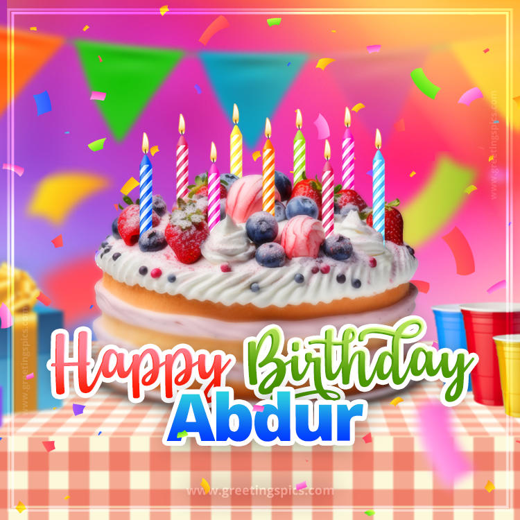 Happy Birthday Abdur Colorful Image with fruit cake and candles (square shape image)