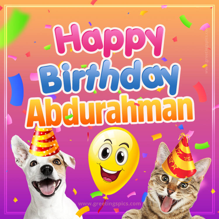 Happy Birthday Abdurahman Funny Image with cat and dog (square shape image)