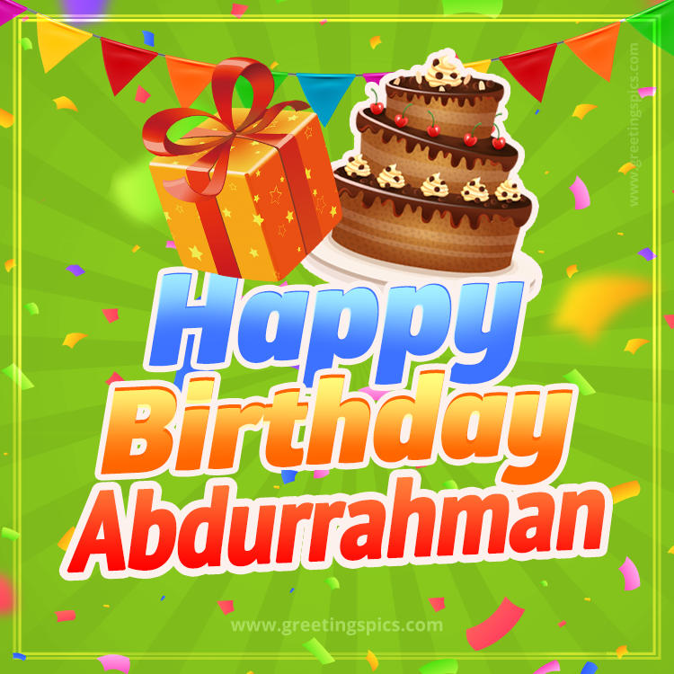 Happy Birthday Abdurrahman picture with flags, chocolate cake and gift box (square shape image)