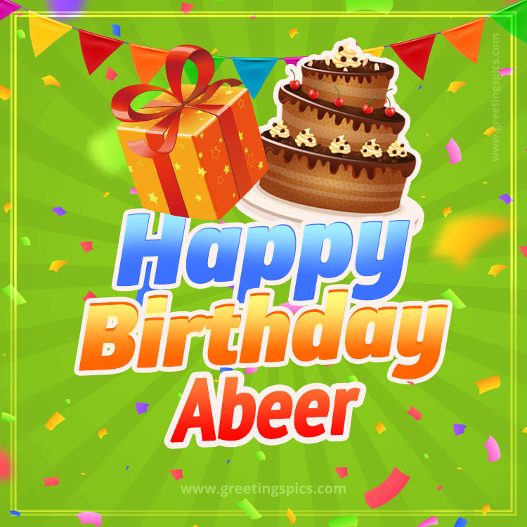 Happy Birthday Abeer picture with flags, chocolate cake and gift box (square shape image)