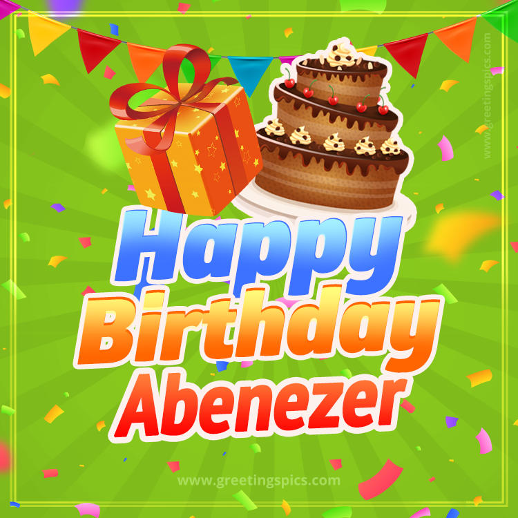 Happy Birthday Abenezer picture with flags, chocolate cake and gift box (square shape image)