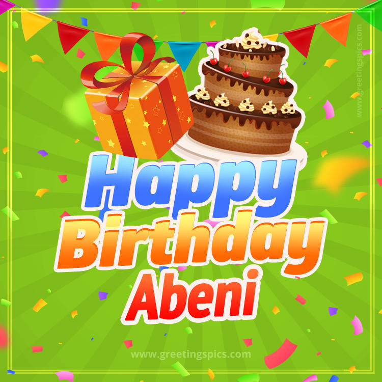 Happy Birthday Abeni picture with flags, chocolate cake and gift box (square shape image)