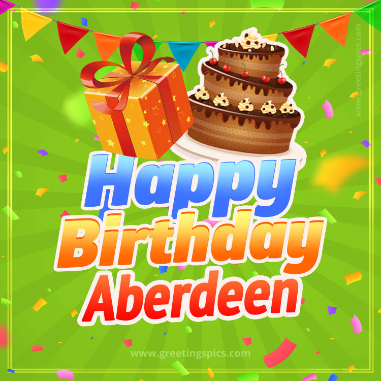 Happy Birthday Aberdeen picture with flags, chocolate cake and gift box (square shape image)