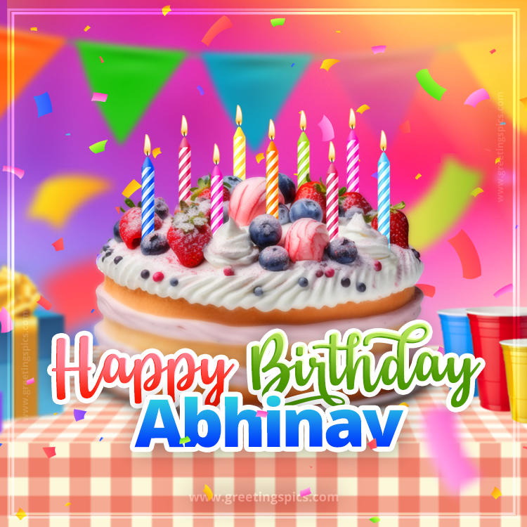 Happy Birthday Abhinav Colorful Image with fruit cake and candles (square shape image)