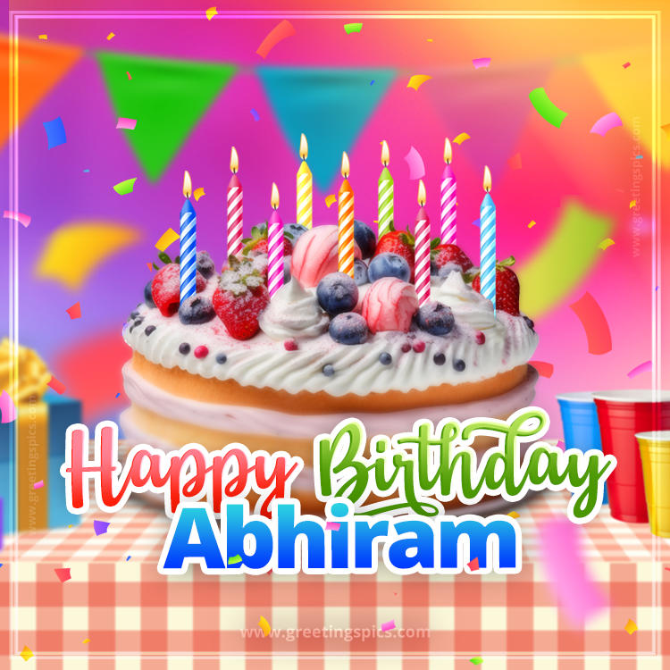 Happy Birthday Abhiram Colorful Image with fruit cake and candles (square shape image)