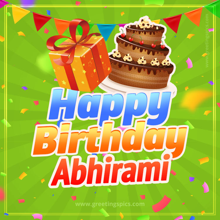 Happy Birthday Abhirami picture with flags, chocolate cake and gift box (square shape image)