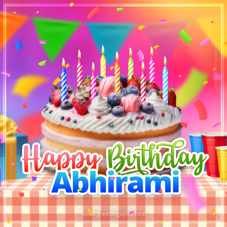 Happy Birthday Abhirami Colorful Image with fruit cake and candles (square shape image)