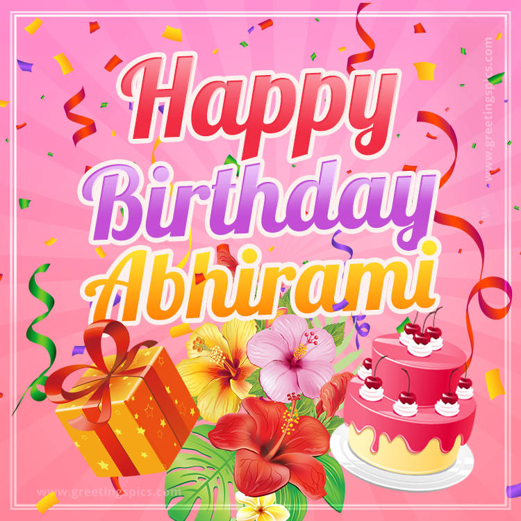 Beautiful Birthday Card for Abhirami with Cake and bouquet of flowers (square shape image)