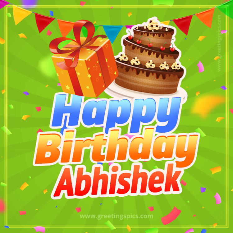 Happy Birthday Abhishek picture with flags, chocolate cake and gift box (square shape image)