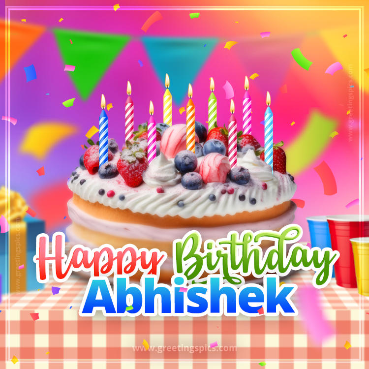 Happy Birthday Abhishek Colorful Image with fruit cake and candles (square shape image)