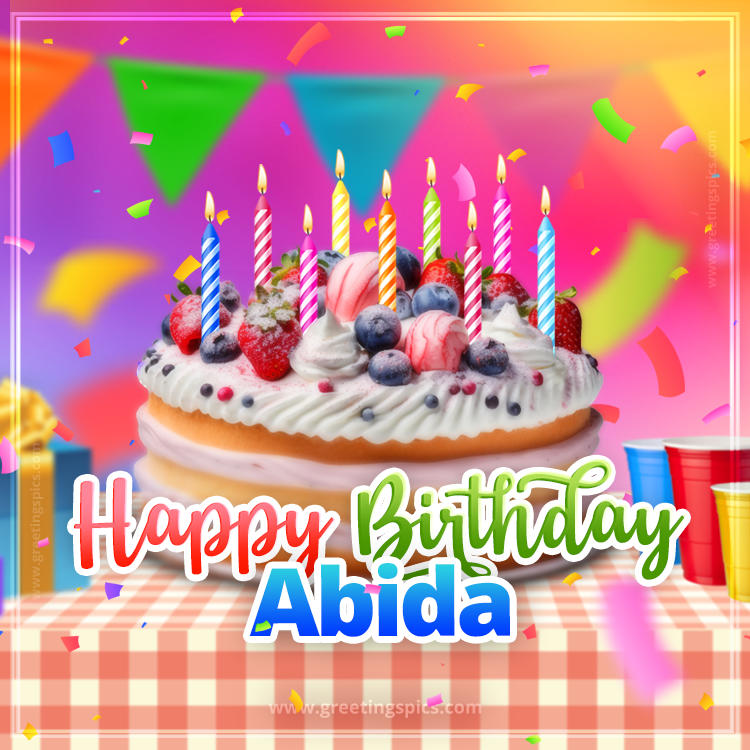 Happy Birthday Abida Colorful Image with fruit cake and candles (square shape image)