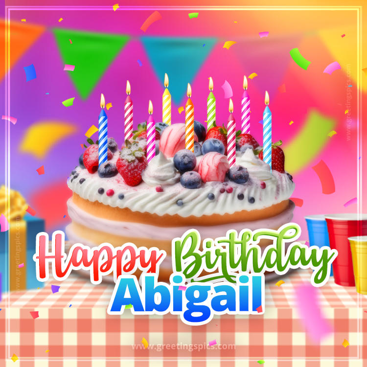 Happy Birthday Abigail Colorful Image with fruit cake and candles (square shape image)