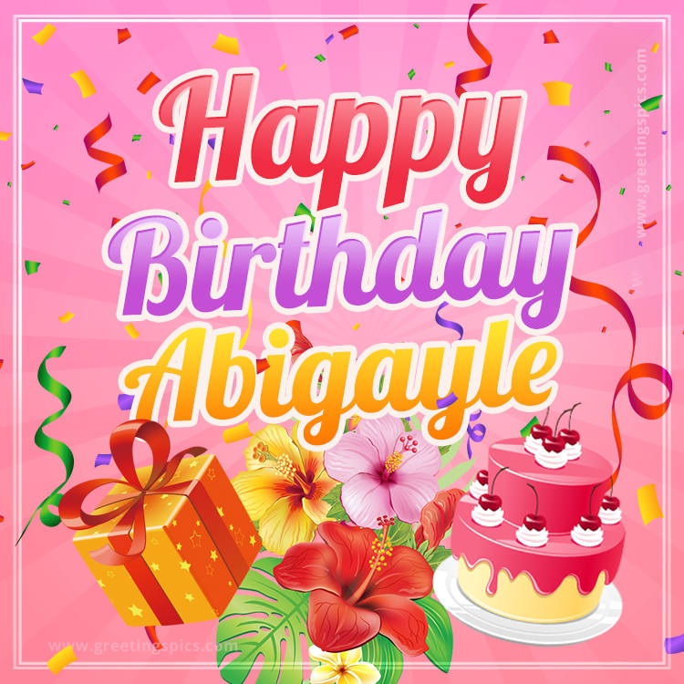 Beautiful Birthday Card for Abigayle with Cake and bouquet of flowers (square shape image)