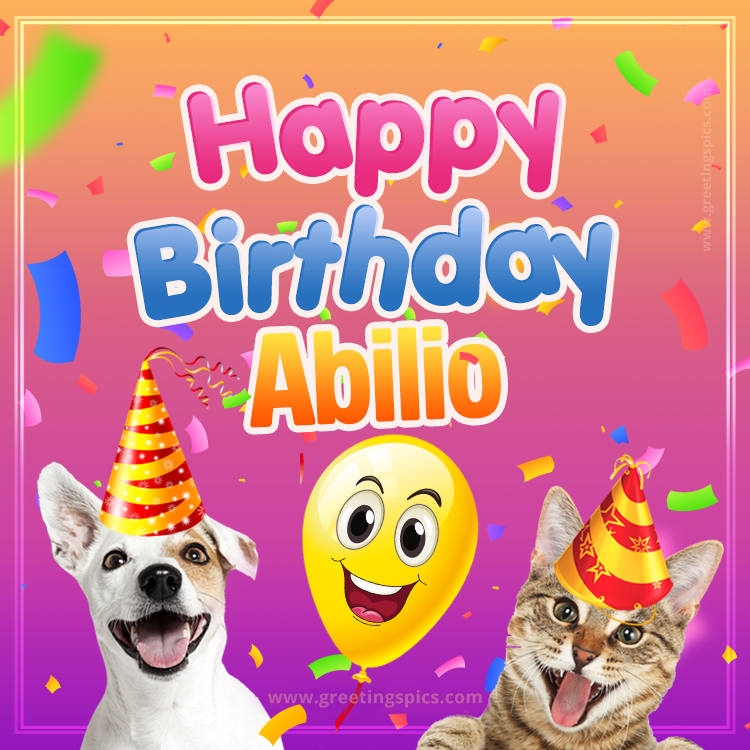 Happy Birthday Abilio Funny Image with cat and dog (square shape image)