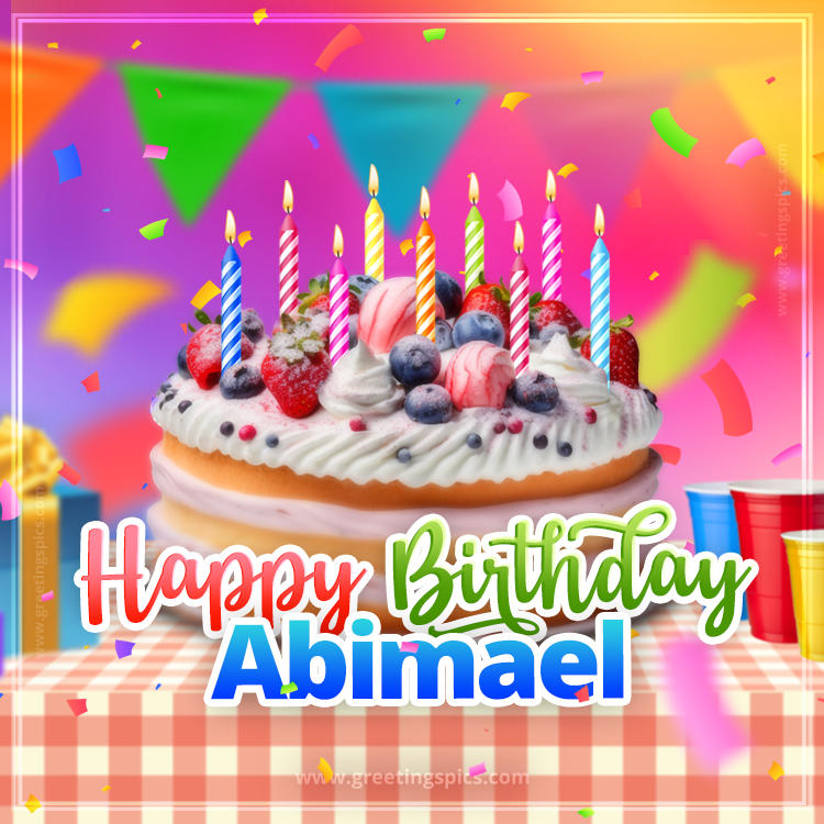 Happy Birthday Abimael Colorful Image with fruit cake and candles (square shape image)